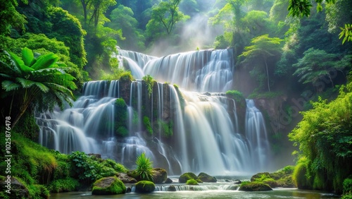 Close-up view of a cascading waterfall with wavy misty patterns in a lush jungle