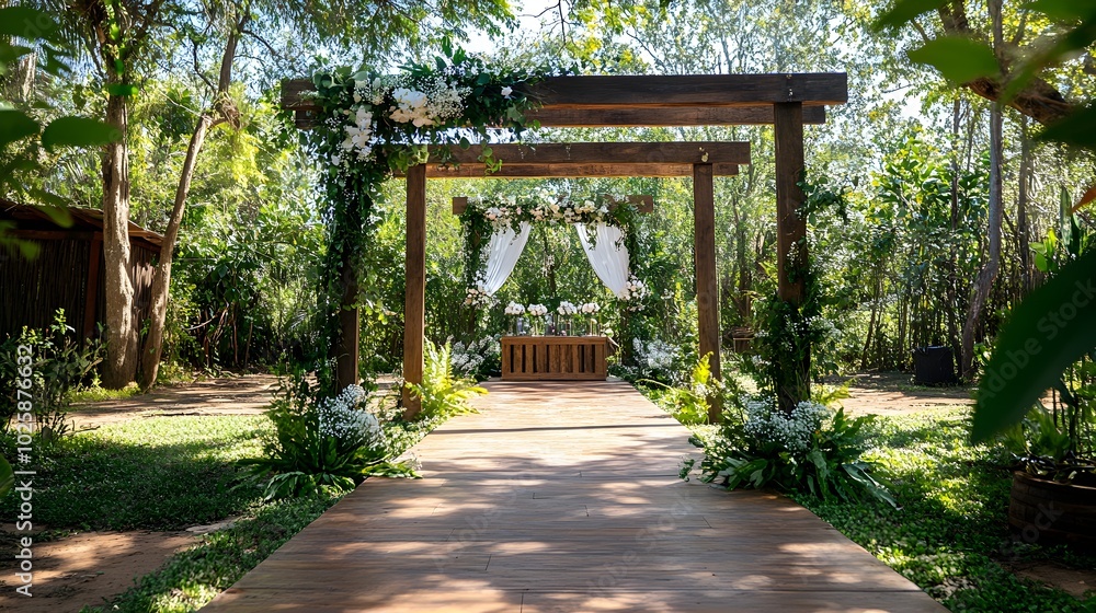 A picturesque depiction of a rustic arch backdrop set in a natural environment, featuring elements like wooden beams, lush foliage, and vintage accents, providing a perfect setting for weddings A picturesque depiction of a rustic arch backdrop set in a natural environment, featuring elements like wooden beams, lush foliage, and vintage accents, providing a perfect setting for weddings