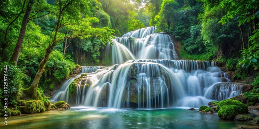 Close-up view of a lush forest waterfall Close-up view of a lush forest waterfall