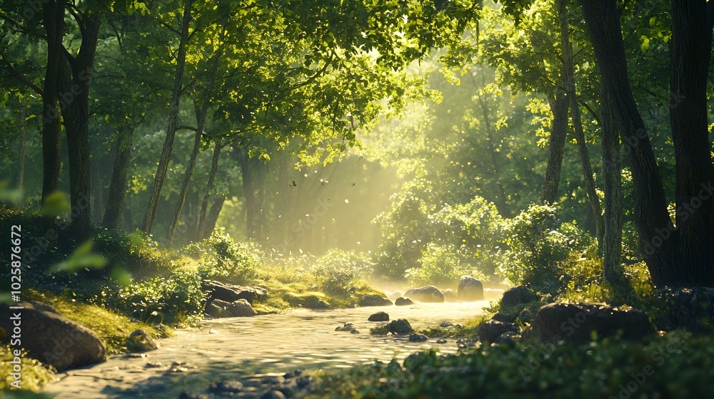 A picturesque view of a forest landscape, showcasing the movement of leaves in the breeze, with vibrant foliage and soft lighting, creating a harmonious atmosphere that highlights the tranquility A picturesque view of a forest landscape, showcasing the movement of leaves in the breeze, with vibrant foliage and soft lighting, creating a harmonious atmosphere that highlights the tranquility
