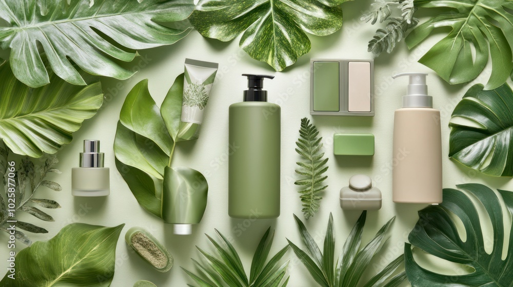 Natural Beauty Products with Green Leaves on a Light Green Background Natural Beauty Products with Green Leaves on a Light Green Background
