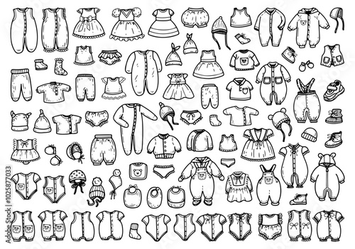 Big set of newborn clothes hand drawn doodle. Things of little children. Romper, vest, bodysuit, bonnet, bib, jumpsuit, hat, dress, jacket, pants, diaper. Vector sketch line art illustration.