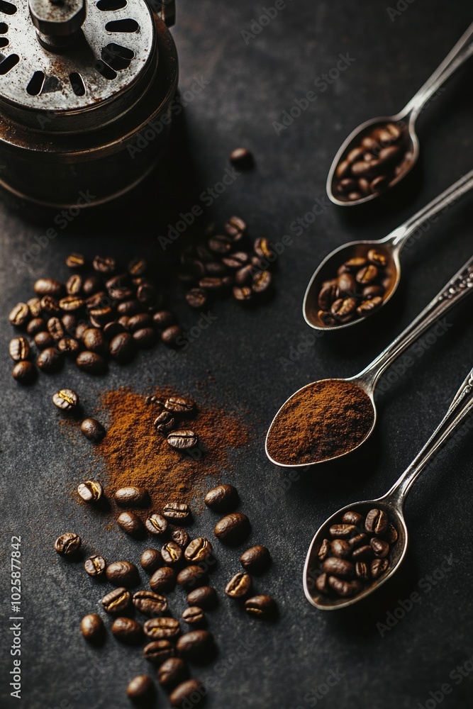 Coffee beans and ground coffee in metal spoons with old hand grinder on a dark background, cozy product photography