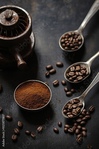 Coffee beans and ground coffee in metal spoons with old hand grinder on a dark background, cozy product photography