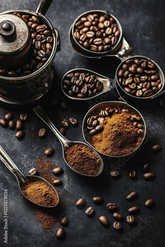 Coffee beans and ground coffee in metal spoons with old hand grinder on a dark background, cozy product photography