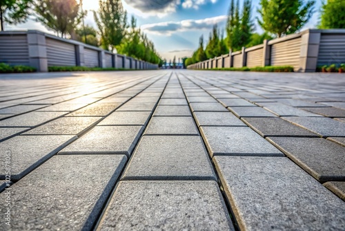 Close-up view of large long concrete slabs with symmetrical decreasing perspective and selective focusing photo