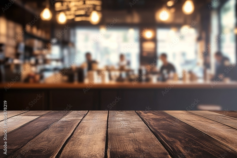 Dark wooden table in a coffee shop with blurred interior and working people in the background, product display template Dark wooden table in a coffee shop with blurred interior and working people in the background, product display template