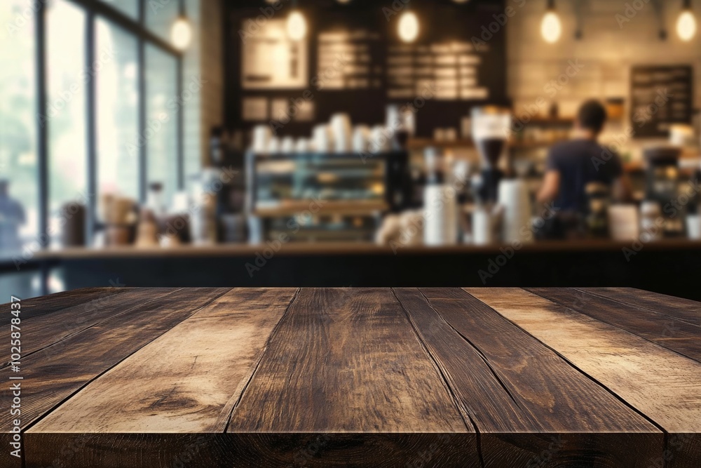 Dark wooden table in a coffee shop with blurred interior and working people in the background, product display template Dark wooden table in a coffee shop with blurred interior and working people in the background, product display template