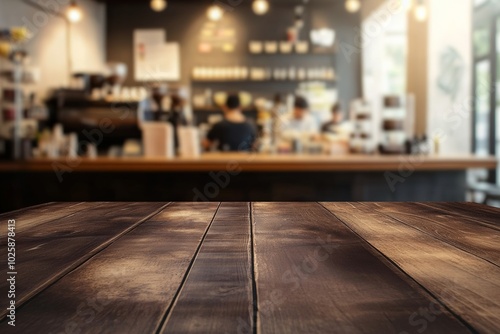 Wallpaper Mural Dark wooden table in a coffee shop with blurred interior and working people in the background, product display template Torontodigital.ca