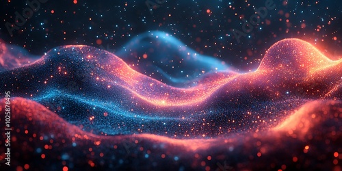 Abstract waves of light and particles in vibrant colors.