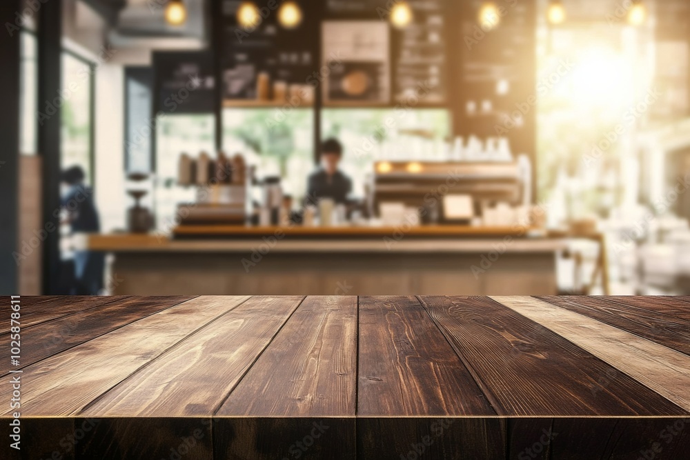 Dark wooden table in a coffee shop with blurred interior and working people in the background, product display template Dark wooden table in a coffee shop with blurred interior and working people in the background, product display template