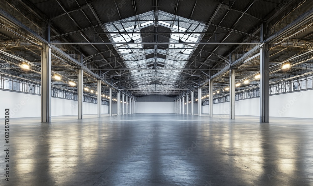 Brightly illuminated large empty warehouse with reflective gray floors and open ceiling, creating a clean and spacious atmosphere Brightly illuminated large empty warehouse with reflective gray floors and open ceiling, creating a clean and spacious atmosphere