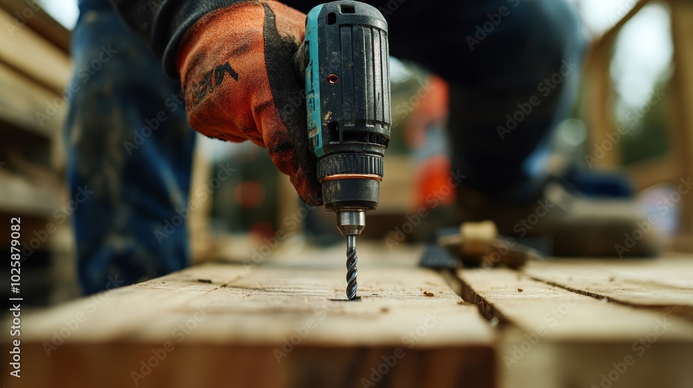 Construction Worker Using Cordless Drill to Screw Wood Construction Worker Using Cordless Drill to Screw Wood