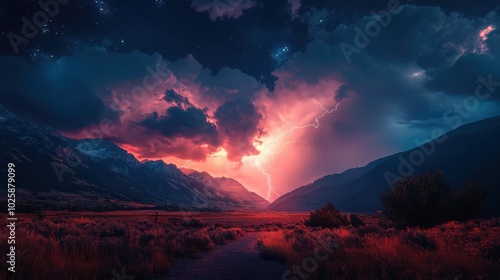 Stunning landscape with lightning illuminating the night sky over mountains