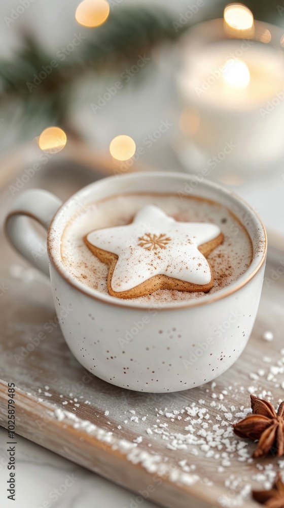A cozy winter scene featuring a cup of hot beverage topped with a star-shaped cookie, surrounded by festive decorations and soft ambient lighting. A cozy winter scene featuring a cup of hot beverage topped with a star-shaped cookie, surrounded by festive decorations and soft ambient lighting.