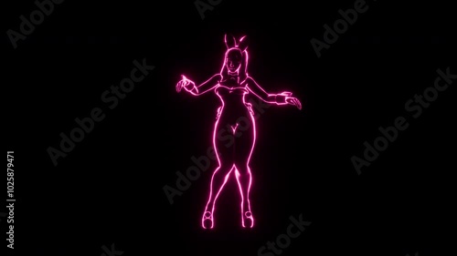 A neon pink outline of a woman in a bunny costume, glowing brightly against a black background, giving off a retro, vibrant, and nightlife inspired vibe.