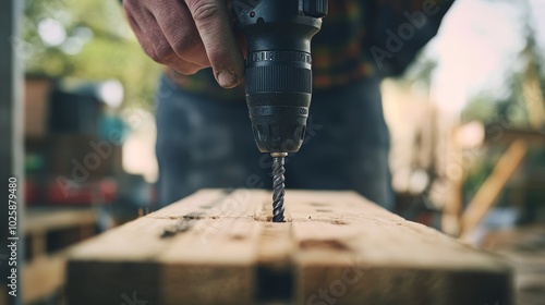 Close up of Hand Using Cordless Drill to Screw Wood