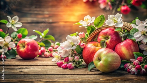 Close-up vintage clipart of pink, red, and green apple blossoms and apples