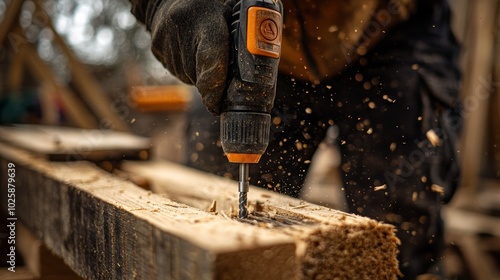 Closeup of a Power Drill Screwing a Wood Beam on a Construction Site photo