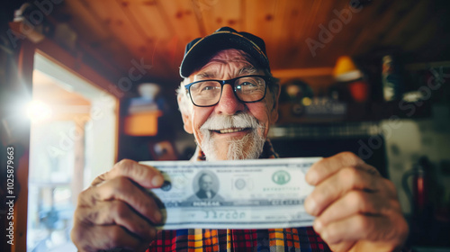 Senior citizen holding check symbolizing social security benefits, smiling with relief in cozy home setting, representing financial security and peace of mind.
