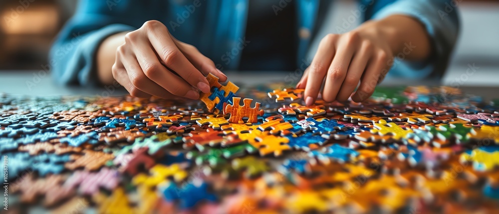 Person assembling colorful puzzle pieces