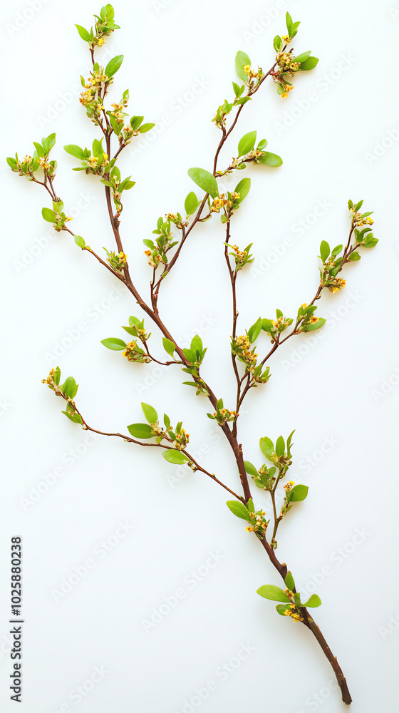 Green twig with leaves on white background Green twig with leaves on white background