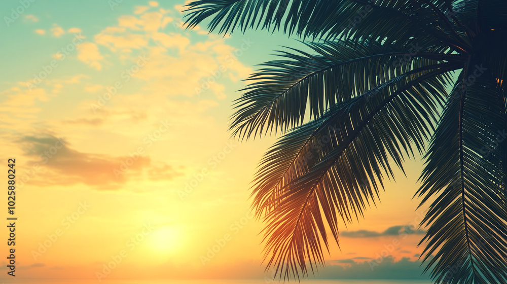 Beautiful tropical sunset with palm trees silhouetted against a colorful sky, creating a serene and tranquil atmosphere. Perfect representation of relaxation and summer vacations. Beautiful tropical sunset with palm trees silhouetted against a colorful sky, creating a serene and tranquil atmosphere. Perfect representation of relaxation and summer vacations.