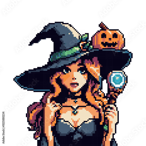 Pixel art witch holding magical staff. Witch with long wavy hair wearing a black hat adorned with a pumpkin.