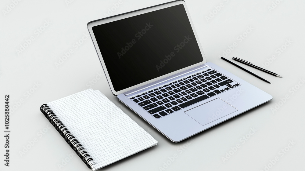 A modern laptop open alongside a blank notebook and pens on a clean workspace table A modern laptop open alongside a blank notebook and pens on a clean workspace table