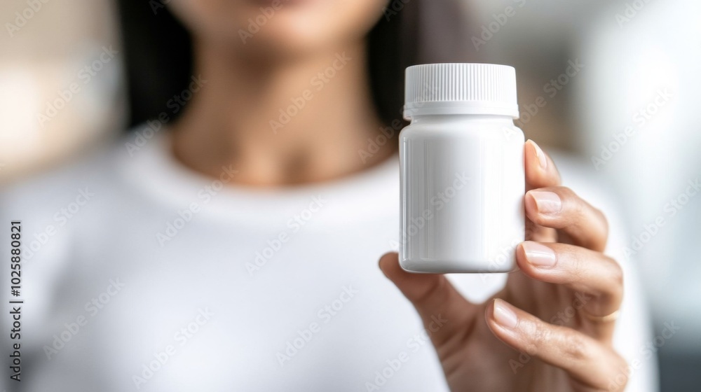 A Woman Holding a Small Bottle of Weight-Loss Pills with a Determined and Focused Expression in a Minimalist, Well-Lit Room, Offering Copy Space for Motivational or Informational Text. A Woman Holding a Small Bottle of Weight-Loss Pills with a Determined and Focused Expression in a Minimalist, Well-Lit Room, Offering Copy Space for Motivational or Informational Text.