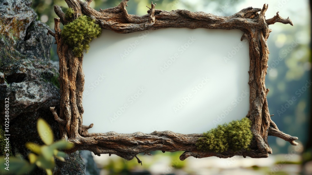 A rustic wooden frame adorned with moss, set against a blurred natural background. A rustic wooden frame adorned with moss, set against a blurred natural background.