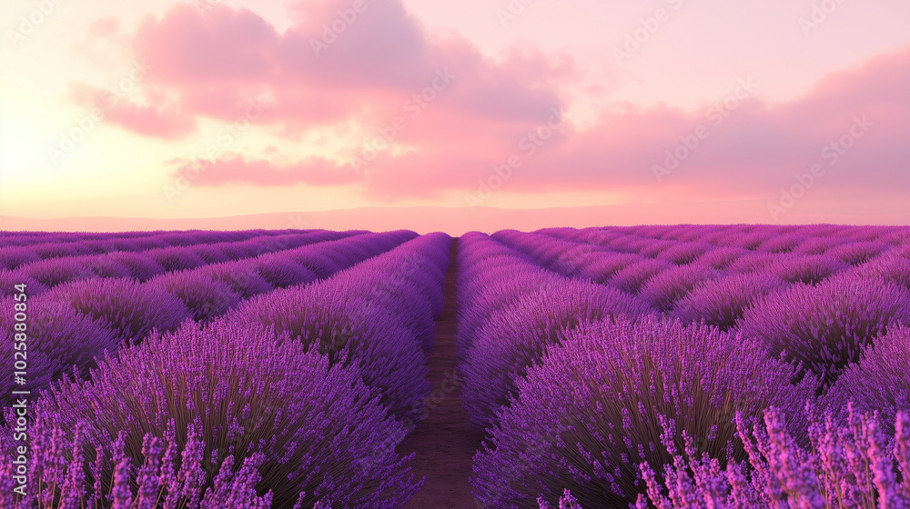 Obraz premium Soft lavender fields stretching under a pastel sky at sunset in a tranquil landscape