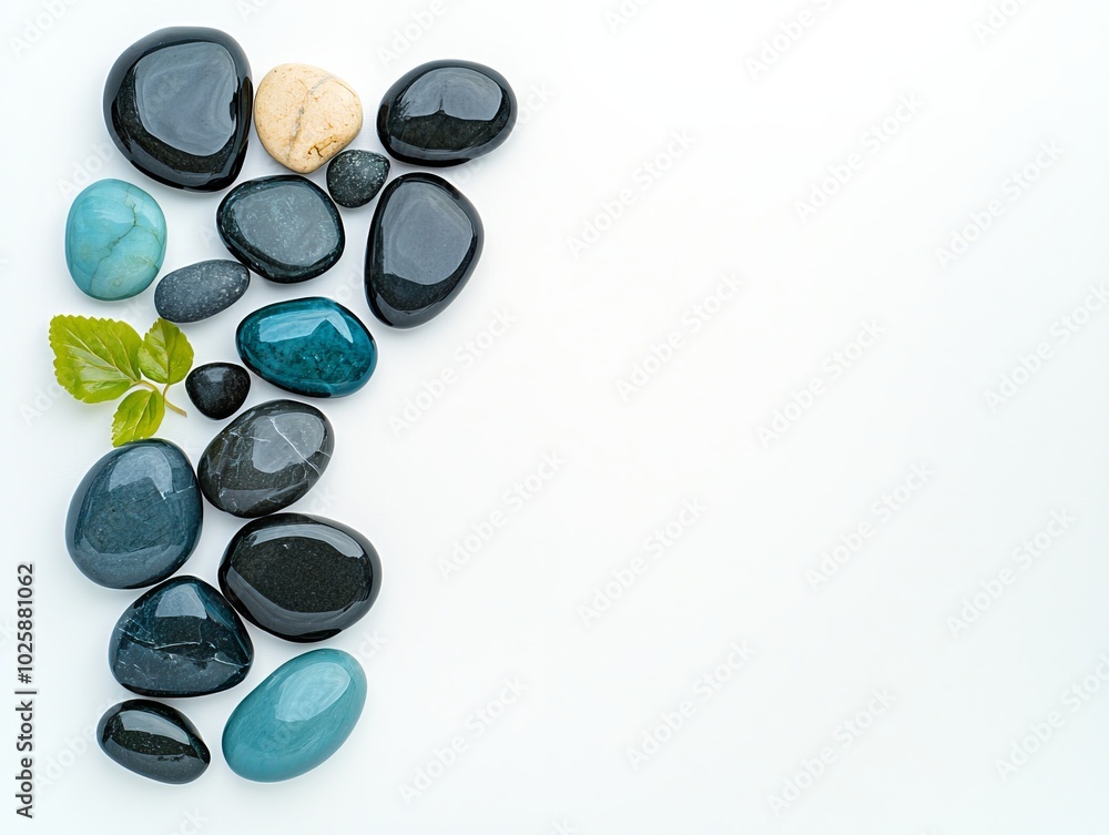 Smooth Stones and Green Leaf Arrangement on White Background Smooth Stones and Green Leaf Arrangement on White Background