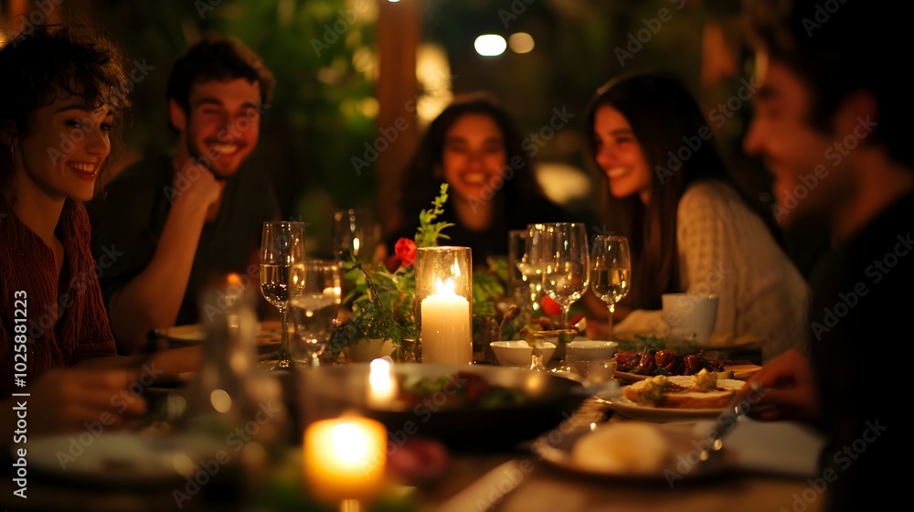 © doraclub - Festive Dinner Party with Friends Gathered Around Beautifully Decorated Table © doraclub - Festive Dinner Party with Friends Gathered Around Beautifully Decorated Table