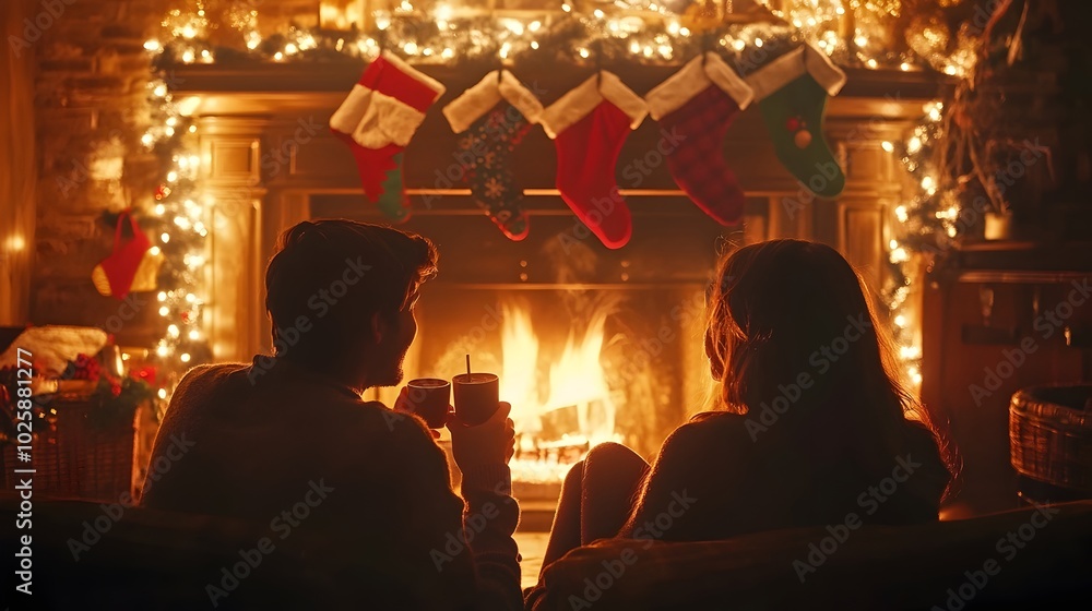 Couple Sipping Cocoa by Fireplace in Warm Christmas Ambiance Couple Sipping Cocoa by Fireplace in Warm Christmas Ambiance