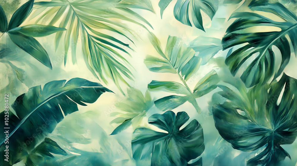 Lush green tropical leaves creating a vibrant backdrop in a serene environment Lush green tropical leaves creating a vibrant backdrop in a serene environment