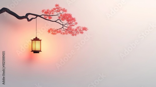 Japanese Lantern with Red Maple Tree Branch Against Soft Pink Background