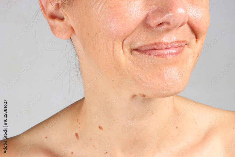 Obraz premium close-up on the wrinkles around the mouth of a 45-year-old woman , nasolabial folds