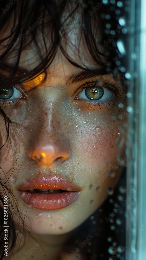 Close Up Portrait of a Woman with Water Drops on Her Face Close Up Portrait of a Woman with Water Drops on Her Face