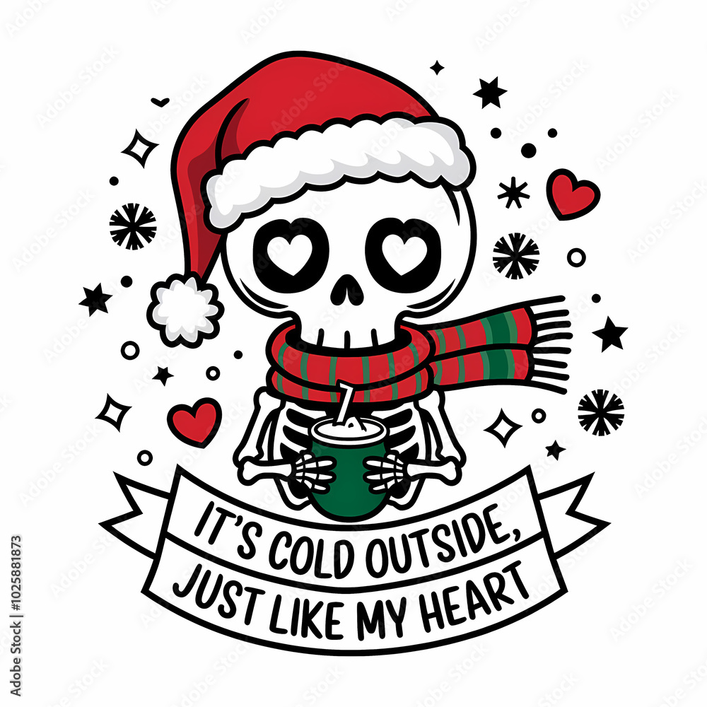A cute skeleton in a Santa hat and scarf is holding a cup of hot chocolate. The skeleton has a sad expression and is saying A cute skeleton in a Santa hat and scarf is holding a cup of hot chocolate. The skeleton has a sad expression and is saying