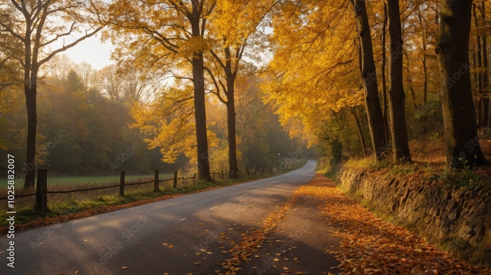 Golden-yellow trees dominate the autumn forest, their vibrant foliage creating a warm, serene atmosphere amidst the crisp fall air Golden-yellow trees dominate the autumn forest, their vibrant foliage creating a warm, serene atmosphere amidst the crisp fall air