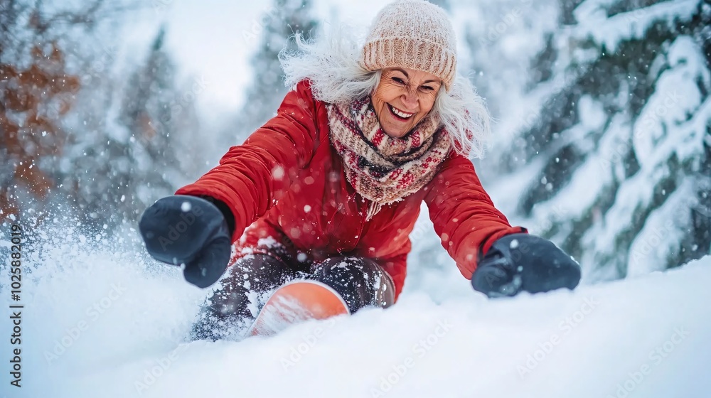 Fototapeta premium Western elderly woman performing a trick on her snowboard while going down a snowy hill Stock Photo with side copy space