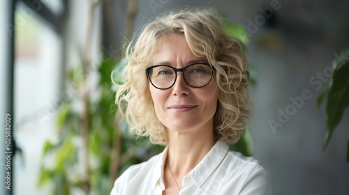 Middle Aged Businesswoman in Glasses, Smiling, Business Theme, Businesswoman, Glasses