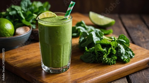 A vibrant green smoothie sits in a glass, showcasing its refreshing blend of spinach, kale, and fruits. This nutritious drink is perfect for a healthy boost