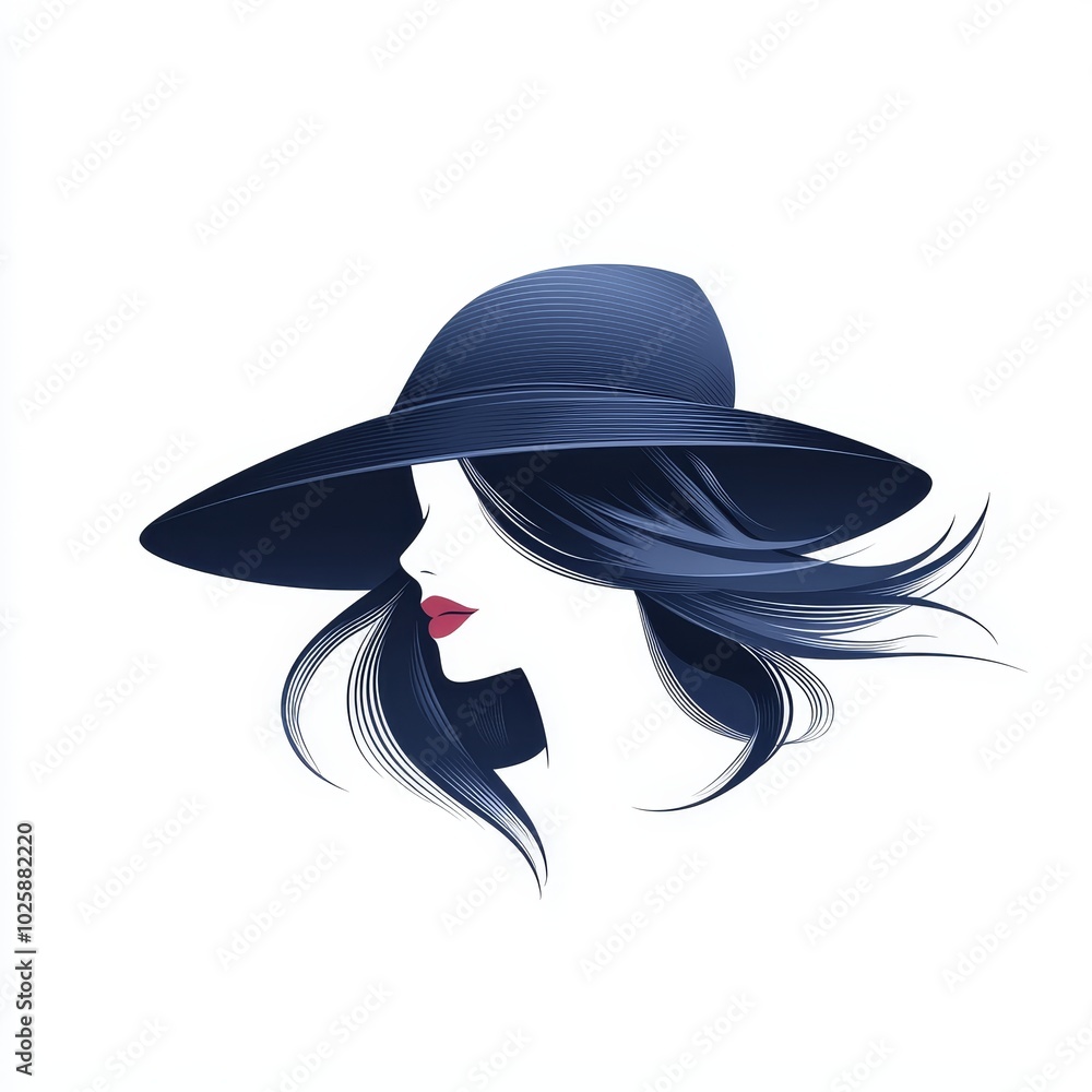 Woman with Stylish Hat and Wavy Hair Profile Illustration Woman with Stylish Hat and Wavy Hair Profile Illustration
