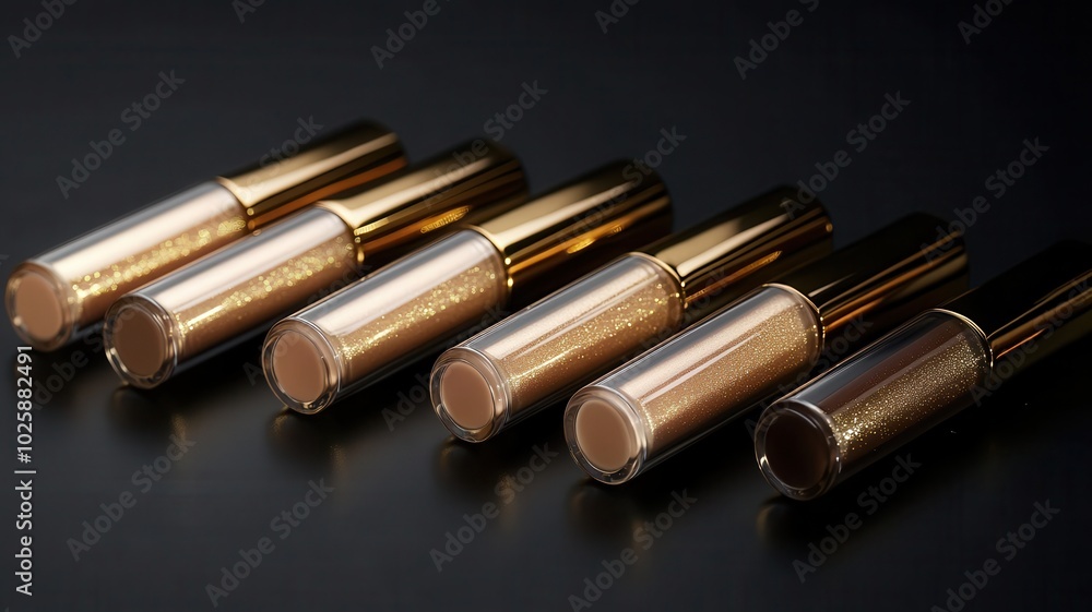 Naklejka premium Beige nude tone lip gloss tint with color shading pallete smudge gel,Liquid lipsticks with smudge stroke paint,makeup cosmetic lips, product mockup for beauty fashion business,sale,swatch color.