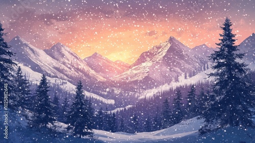 Watercolor Mountains landscape and snow,Christmas winter background,Winter nature landscape,background card,wallpaper,Snowy wintervector illustration,Drawing winter time concept background. photo