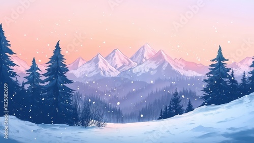 Watercolor Mountains landscape and snow,Christmas winter background,Winter nature landscape,background card,wallpaper,Snowy wintervector illustration,Drawing winter time concept background. photo