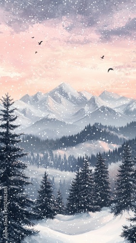 Watercolor Mountains landscape and snow,Christmas winter background,Winter nature landscape,background card,wallpaper,Snowy wintervector illustration,Drawing winter time concept background. photo