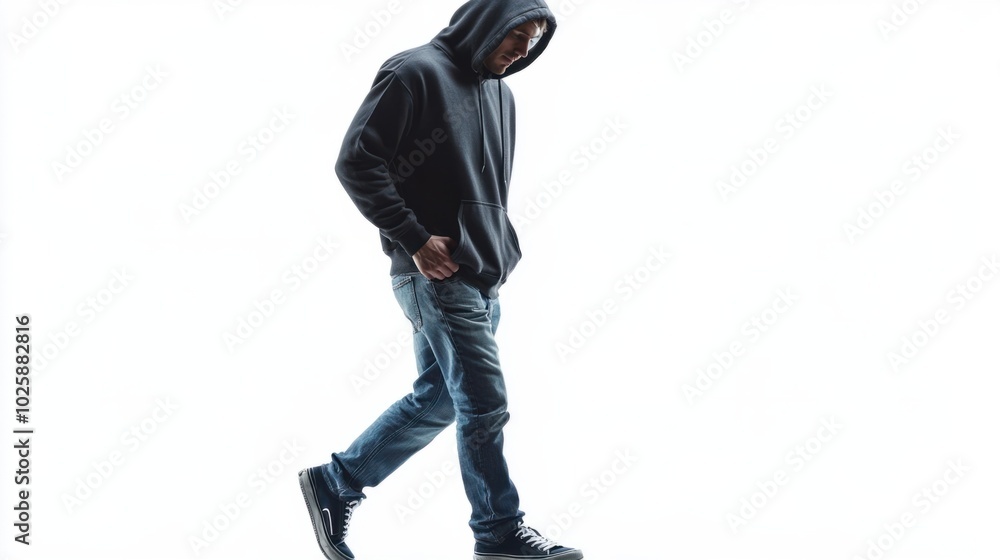 Casual man walking in jeans and hoodie, hands in pockets, full-body shot on white background. Relaxed and informal Casual man walking in jeans and hoodie, hands in pockets, full-body shot on white background. Relaxed and informal